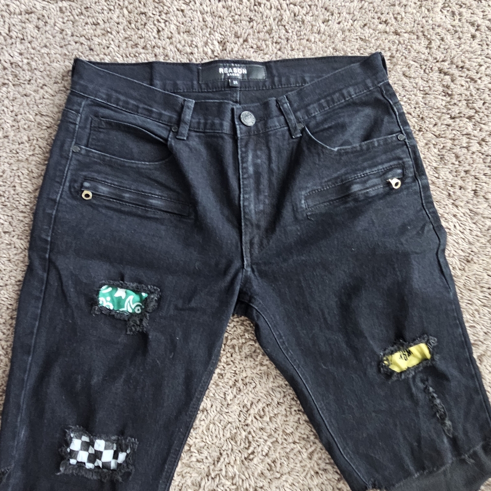 Reason Black Jean Shorts with Colorful Patches
